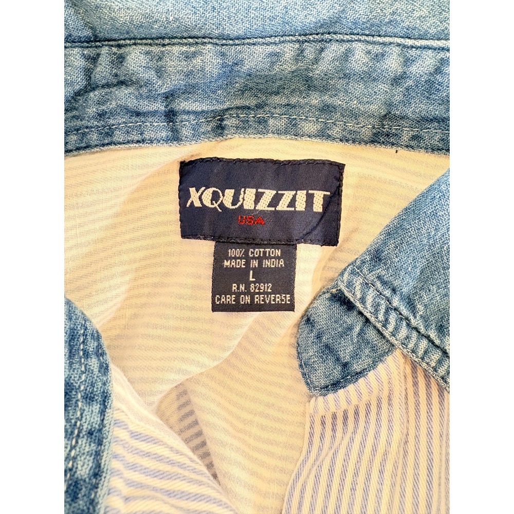 VTG Xquizzit Cowboy Denim Striped Shirt Teddy Bear Americana Size L Button Up - Picture 3 of 6